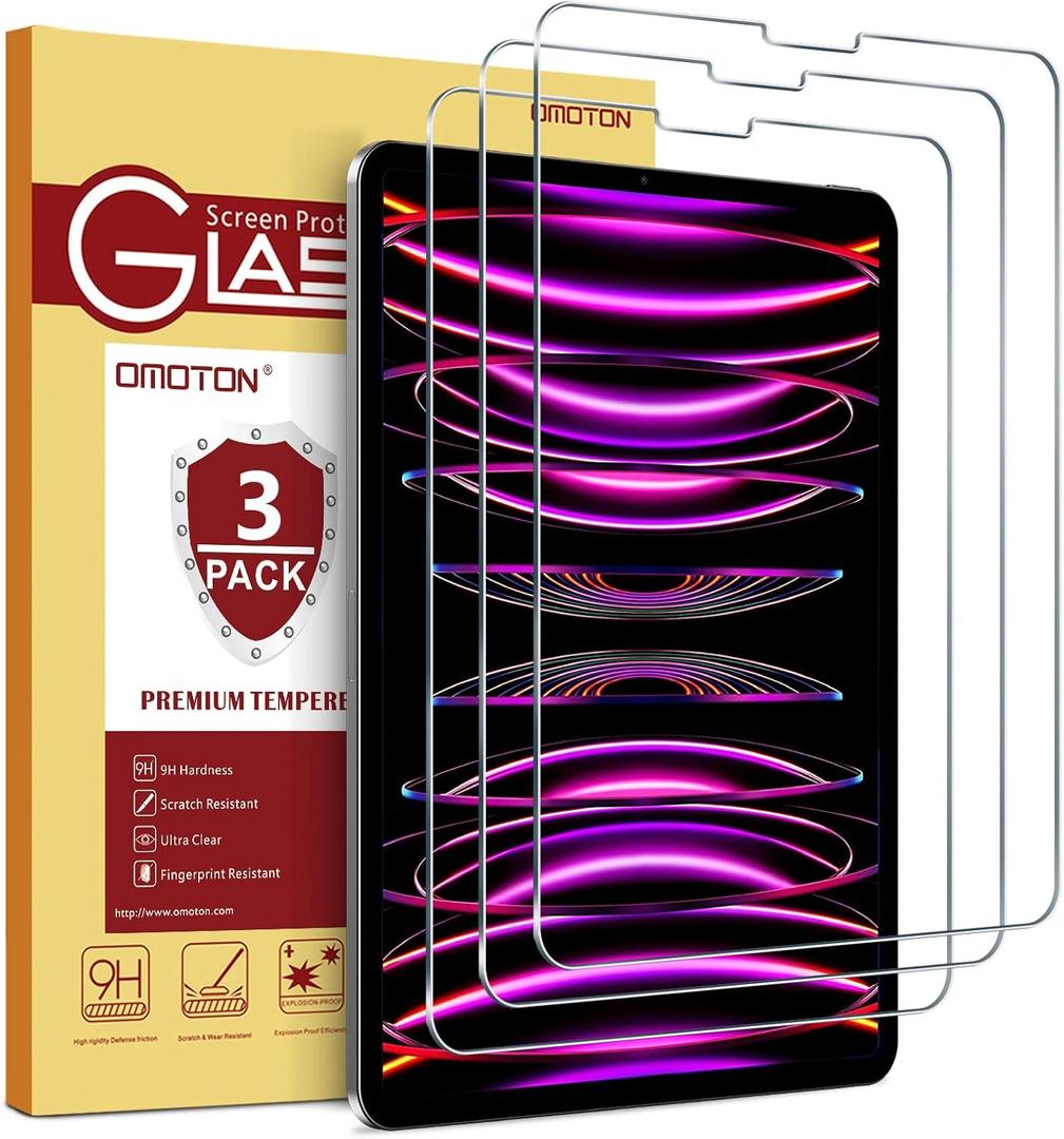 OMOTON [3 Pack] Screen Protector Compatible with iPad Air 5th Generation 2022/iPad Air 4th Generation/iPad Pro 11 Inch (2021,2020,2018) Tablet - Tempered Glass Compatible with iPad Air 5/4 10.9 Inch