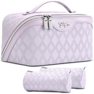 BOYATU Travel Makeup Bag for Women: Large Capacity 3-Piece Quilted Cosmetic & Toiletry Organizer - 2 Detachable Pouches Expand Storage by 50%, Open Flat for Easy Packing, Waterproof PU Leather(Purple)