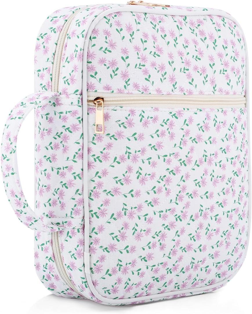 Quilted Bible Cover Case for Women with Handle, Bible Bag with Zippered Pocket, Pink Floral Bible Case for Girls, Bible Study Supplies Kit, Large Size