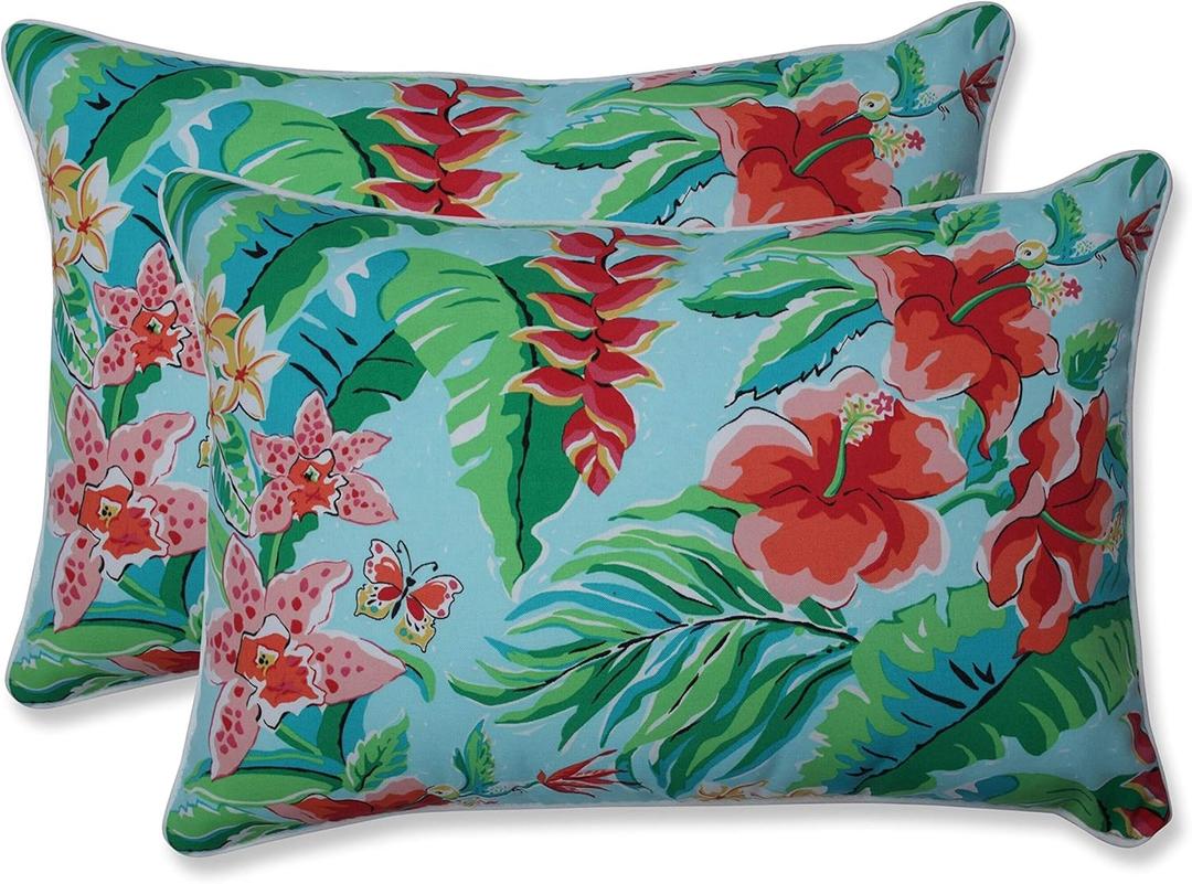 Pillow Perfect Tropic Floral Indoor/Outdoor Accent Throw Pillow, Plush Fill, Weather, and Fade Resistant, Large Lumbar - 16.5" x 24.5", Blue/Green Tropical Paradise, 2 Count