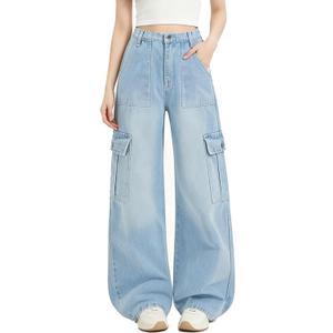 EXARUS Girls Cargo Jeans Wide Leg Baggy Tween Pants Elastic Waist Pockets | Teen Denim Hiking Pants High Rise Elastic Waist Straight Leg Loose Trousers Pockets Kids Youth Junior Casual 8-14Y (Blue)
