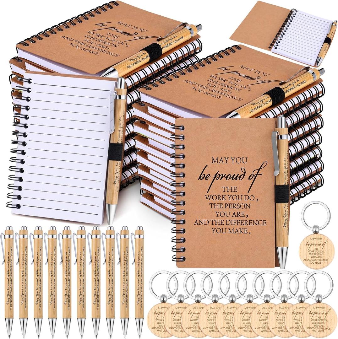 Booson 60 Pcs Employee Appreciation Gifts Inspirational Spiral Notebooks Wooden Thank You Keychains Bulk Encouragement Bamboo Ballpoint Pens for Coworkers Nurse Teacher(Classic Style)