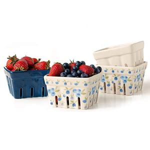 BIEN BEAU Farmhouse Ceramic Berry Basket, Colander, Farmers Market square Bowl. Rustic Kitchen decor fruit bowls, Fruit Baskets, Bleu White and Blueberry pattern Stoneware Harvest Bowls, Set of 3