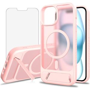 Asuwish Phone Case for iPhone 15 6.1 inch, Compatible with Magsafe Magnetic, Tempered Glass Screen Protector, Folding Stand Shockproof Protective Cell Cover i Phone15 i15 15Case Women Men Pink