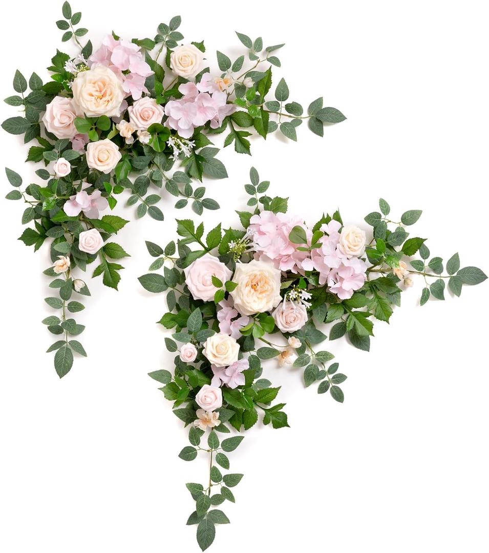 Ling's moment 2PCS Pink Artificial Floral Swags Wedding Arch Flower Garland Cream Rose Flowers Greenery for Table Backdrop Easel Wall Entryway Outdoor Board Decor