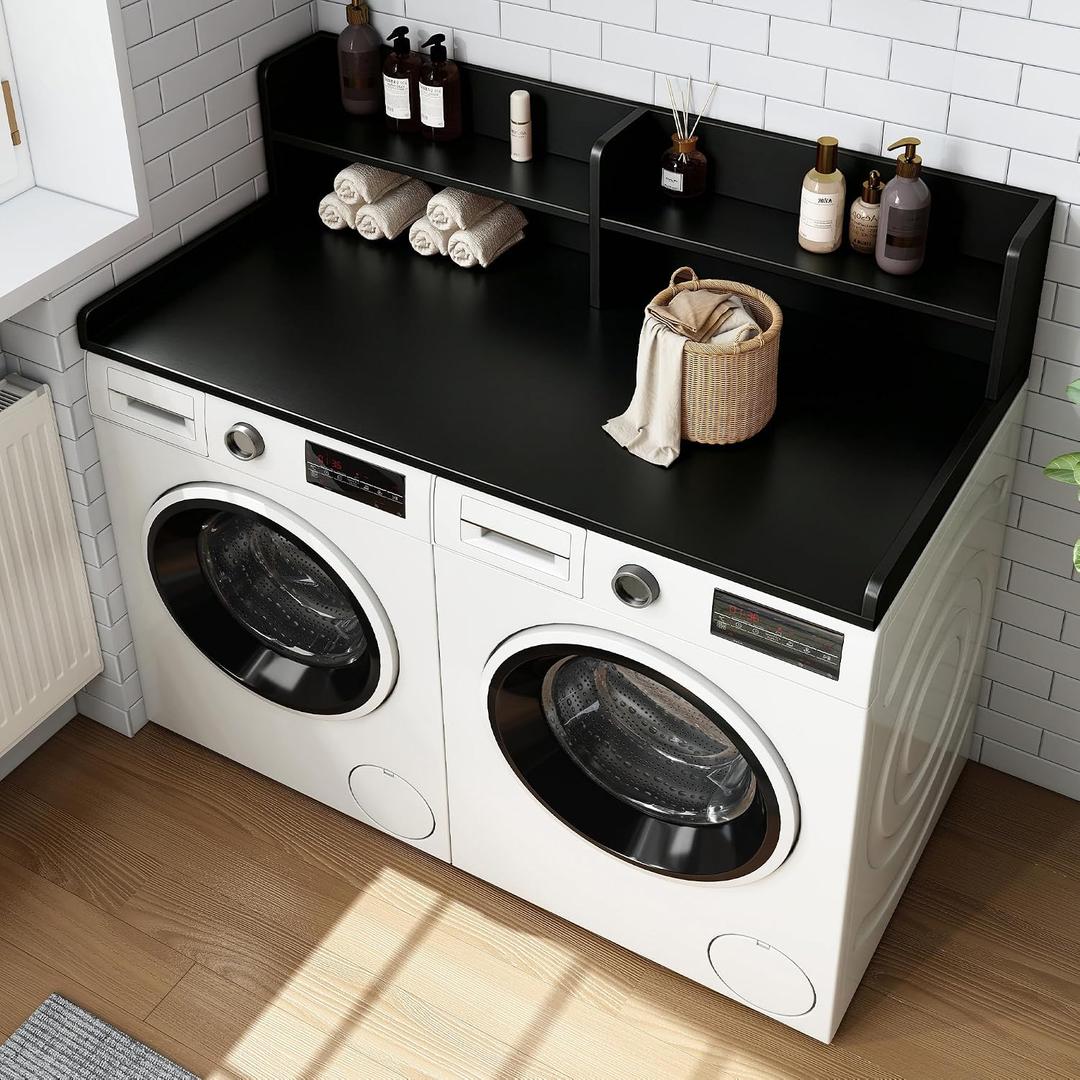 2-Tier Washer Dryer Countertop, 54" x 27.5" Black Laundry Machine Topper with Storage Shelves, Over Washer Dryer Top for Laundry Room Organization & Clothes Folding