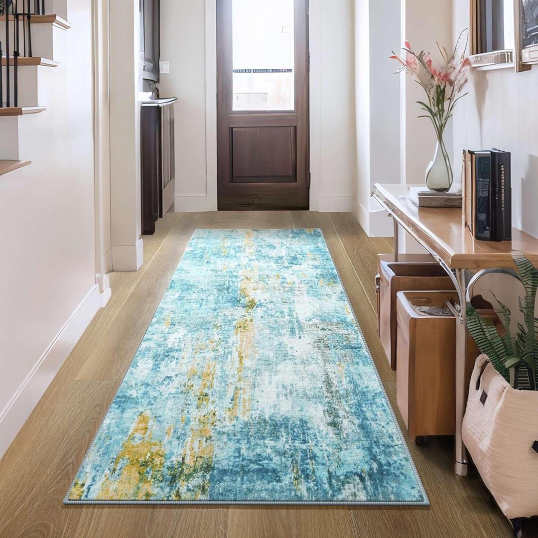 2x6 Teal Blue Rug Runners for Hallways Kitchen Runner Rug Non Slip Washable Long Runner Rugs with Rubber Backing Soft Abstract Carpet Runner for Bedroom, Kitchen, Bathroom, Entryway