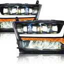 Alpha Owls 7180093 Quad-Pro Series Full LED Projector Headlights With White LED Light Bar & Sequential Signal - Black Amber Fits 2009-2018 Dodge Ram 1500 2500 3500/2019-2023 Classic Halogen Models