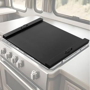 Maxdot Rv Stove Top Cover Board Wood Noodle Board Camper Stove Top Cover Countertop Cutting with 5 Pcs Adjustable Non-slip Rubber Feet Leg Juice Groove for Trailer Gas Burner Kitchen(Black)