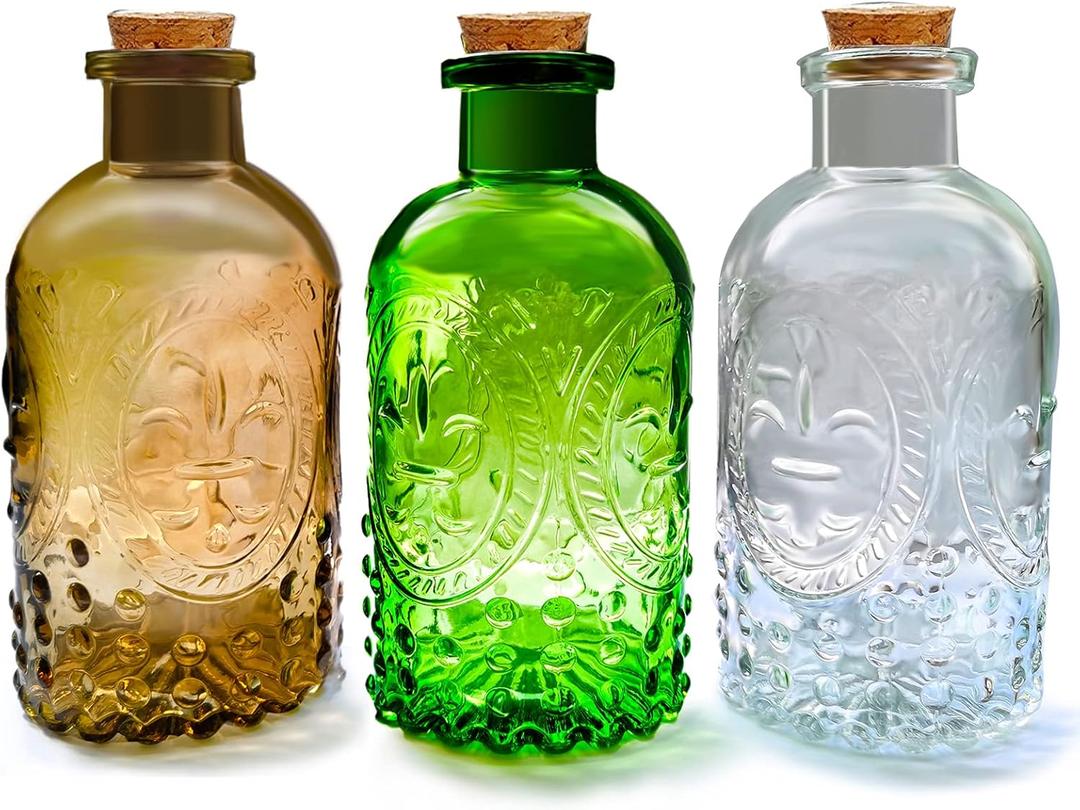 Small Clear Glass Apothecary Diffuser Decorative Bottles Vase Home Decorations Ornaments with Cork Lids ,Spice Container Spell Jars,Wedding Witchcraft Supplies, Set of 3 ,Antique /Vintage Style