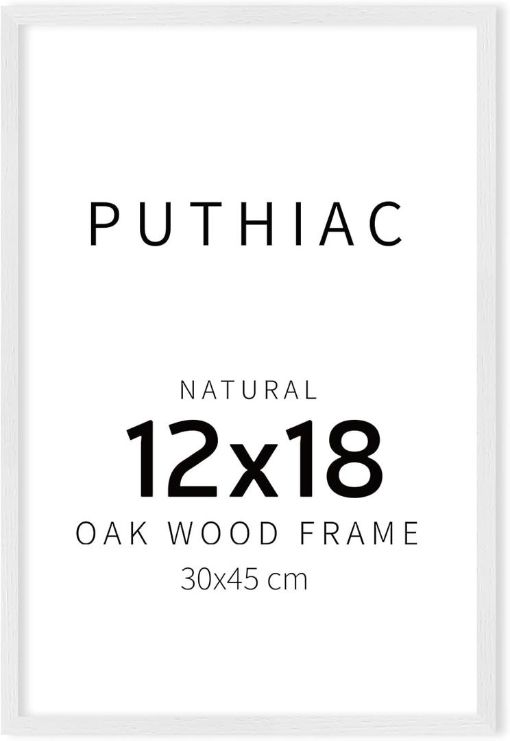 puthiac 12x18 White Oak Wood Picture Frame - Minimalist 12x18 Poster Frame, 12"x18" Picture Frame Wood, Natural Solid Wooden Picture Frames for Wall Art Photo and Prints (1 Pack, White)
