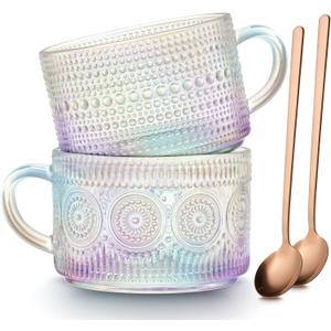 MFACOY Vintage Coffee Mugs Set of 2, 14 oz Iridescent Embossed Glass Tea Cups with Handle for Cappuccino, Latte, Hot or Cold Beverages