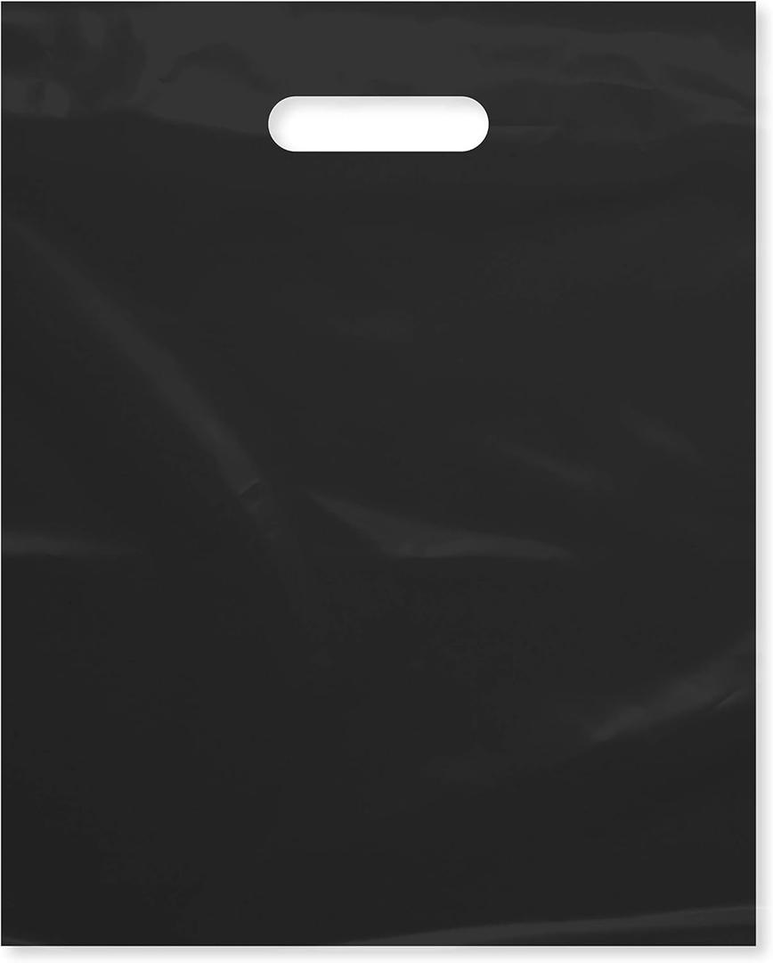 Purple Q Crafts Plastic Bag with Die Cut Handle Bag 12" x 15" Black Plastic Merchandise Bags Bulk Pack for Retail, Gifts, Trade Show and More (100)