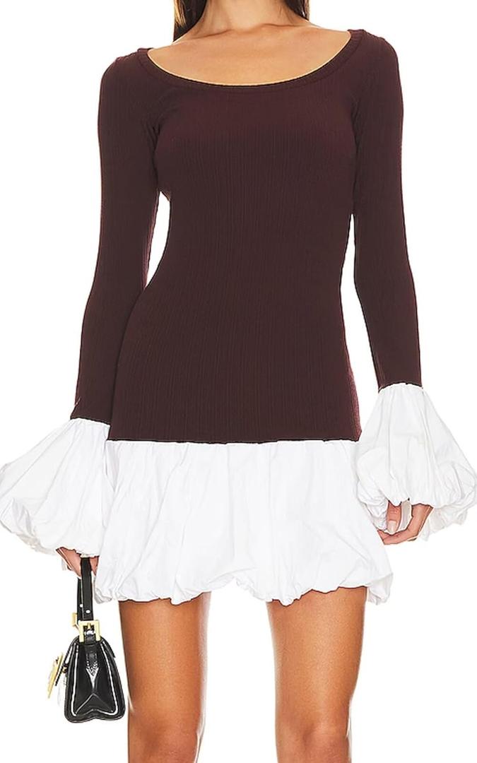 Women's 2025 Fall Dress Sexy Crew Neck Puffy Long Sleeve Bubble Party Club Bodycon Mini Dresses (15brown) S