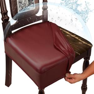 Waterproof Dining Chair Seat Covers Leather Kitchen Seat Covers, Stain Resistant Stretch Chair Seat Covers for Dining Room Chairs Set of 4, Rear Covered Washable Dining Chair Covers Wine Red