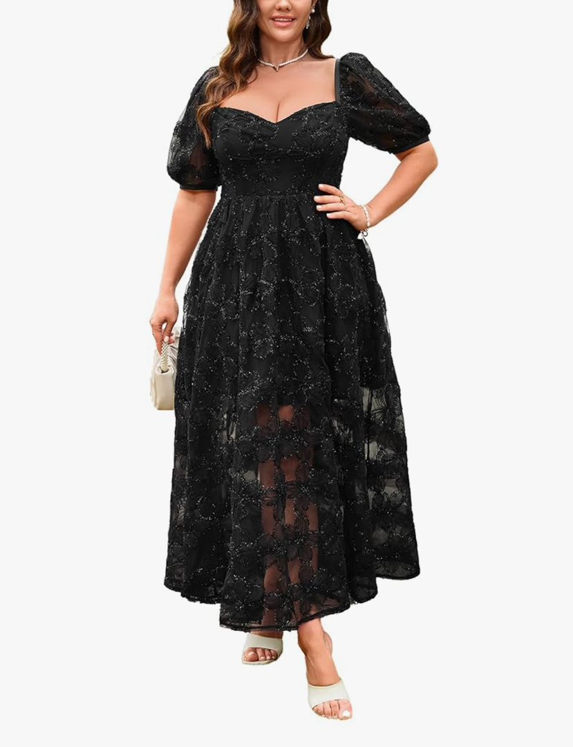 Women's 2025 Plus Cocktail Formal Guest Dresse 3D Lace Sweetheart Neckline Puff Sleeve A Line Maxi Dresses, Size XL