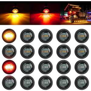 PSEQT 3/4" Round LED Side Marker Clearance Lights Front Rear Marker Indicators Tail Light Waterproof for Trailer Truck Car Bus Van Pickup RV Wrangler ATV UTV (20pcs Smoked Lens Red & Amber LED) (10Pcs Smoked Red, 10Pcs Smoked Amber)