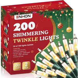 Enhon 2 Pack Twinkling Christmas Lights, 50.8 FT 48 of 200 Random Twinkle Bulbs, Christmas String Lights Connect up to 5 Set, Waterproof Outdoor Indoor Decorations (White)