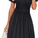 OUGES Women's Summer Short Sleeve V-Neck Floral Short Party Dress with Pockets (Large, Black)