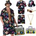 80s 90s Outfit for Men, Hawaiian Vintage Shirt &Shorts Set, Hip-Hop Costume for Halloween Disco Retro Theme Party (3X-Large, Black)