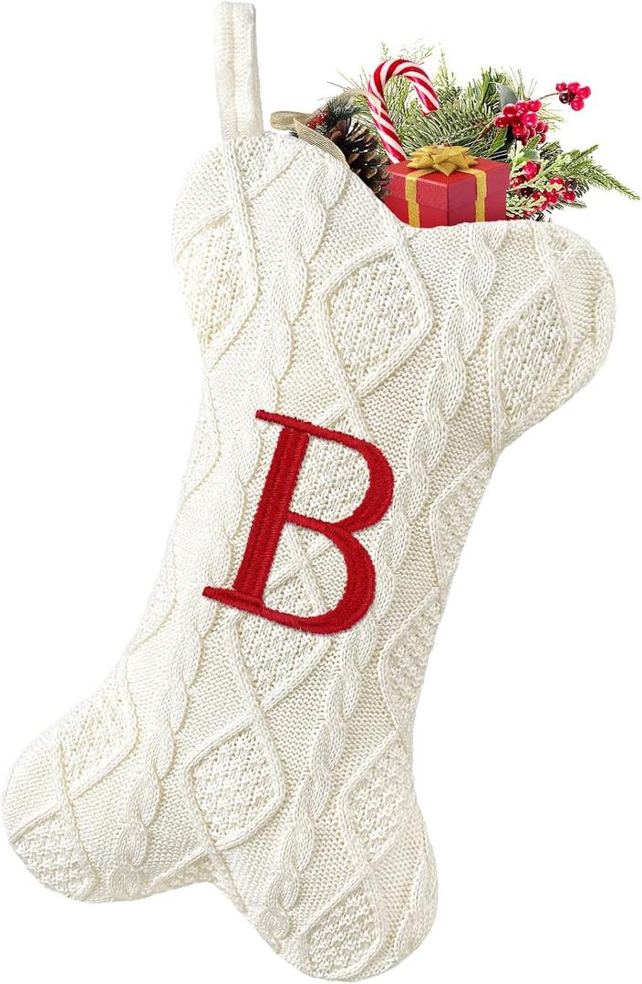 Malier Dog Christmas Stocking with Initials, Letter A Embroidered Knit Christmas Stocking for Dogs, White Large Bone Shape Xmas Pet Stockings Hanging Stocking for Dogs Cats Pets (White, LetterB)