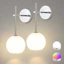 Chrome Battery Operated Wall Sconces Set of 2, Rechargeable Wireless Wall Lights with Milky White Frosted Glass, 12 RGB and 3CCT Dimmable, Wall Lamps with Remote for Bedroom Living Room Hallway