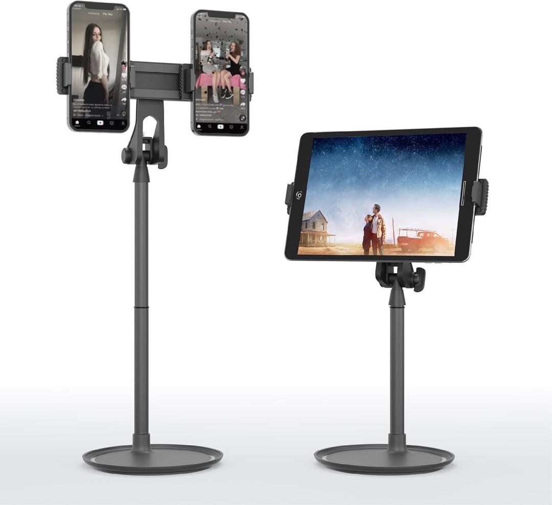 Double Phone Stand of Desk,Tablet Holder of Table,Adjustable Height,Black, Stable Base,Support Phones and Tablets up to 10.9 inches.Suitable for Video conferencing,Live Broadcast, Watch Movie