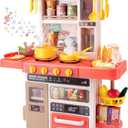 Kids Kitchen Play SetInteractive Kids Kitchen Play Set with 50Pcs of Pretend Kitchen ToysRealistic Sound Effectsand Simulated Functionality - Suitable for Toddlers Aged 3-5 Years(Pink)
