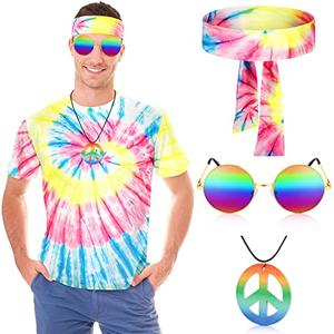 Berlune 4 Pcs 60s 70s Hippie Outfits for Men Hippie Costume Tie Dye TShirts Disco Outfit Halloween Costume (X-Large, Stylish Style)
