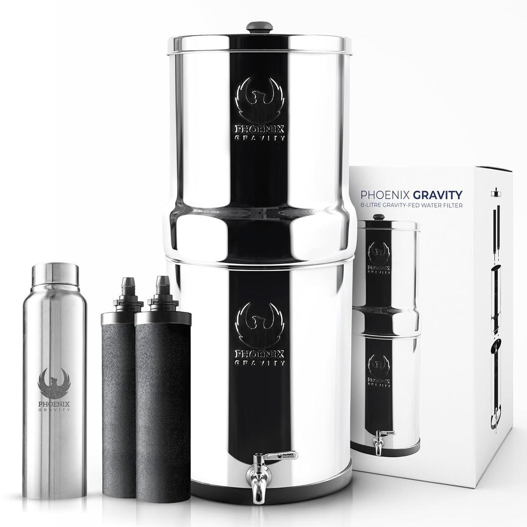 2.25 G Gravity Water Filter System | Dual Carbon Filtration | NSF/ANSI 42 & 372 Certified | Removes 99.9% Lead, PFAS, Chlorine & 200+ Contaminants | Countertop Stainless Steel Water Filter | Portable