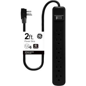 GE 6-Outlet Power Strip, 2ft Cord, Wall Mount, Integrated Circuit Breaker, 15A, 1800W, UL Listed, Black, 14831