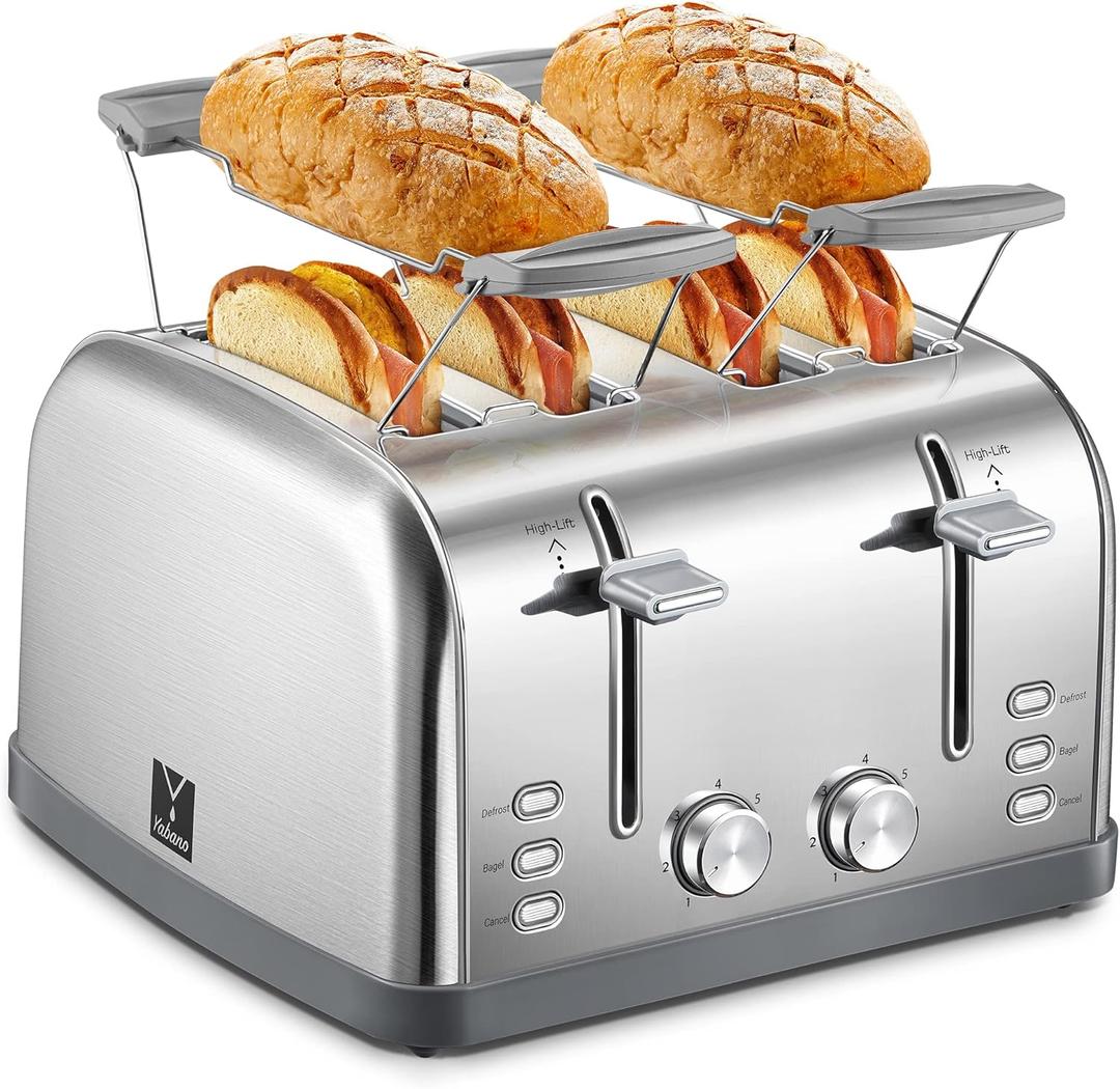 Toaster 4 Slice, Extra Wide Slots, Stainless Steel with High Lift Lever, Bagel and Muffin Function, Removal Crumb Tray, 7-Shade Settings with Warming Rack, Silver, Yabano