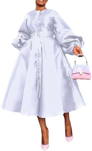 SHINFY Casual Church Dresses for Women Satin Long Sleeve A Line Semi Formal Fit Maxi Long Dresses with Pockets 3XL