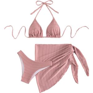 SHENHE Women's 3 Piece Textured High Cut Halter Triangle Bikini Swimsuit with Cover Up (Large, Plain Pink)