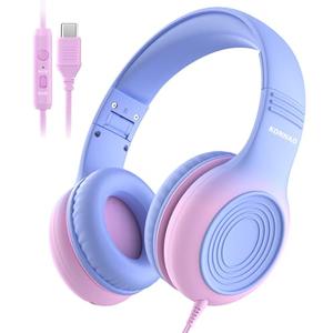 KONNAO Upgrade USB Type C Kids Headphones, Wired Headphones for Kids with Microphone for Boys Girls, Adjustable 85dB/94dB Volume Limited(Light Purple & Pink)