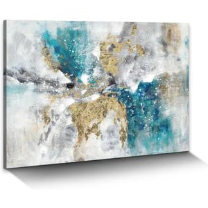 Abstract Teal Blue Canvas Wall Art: Gray White Colorful Minimalist Artwork Modern Glitter Gold Foil Painting for Bedroom (24x18)