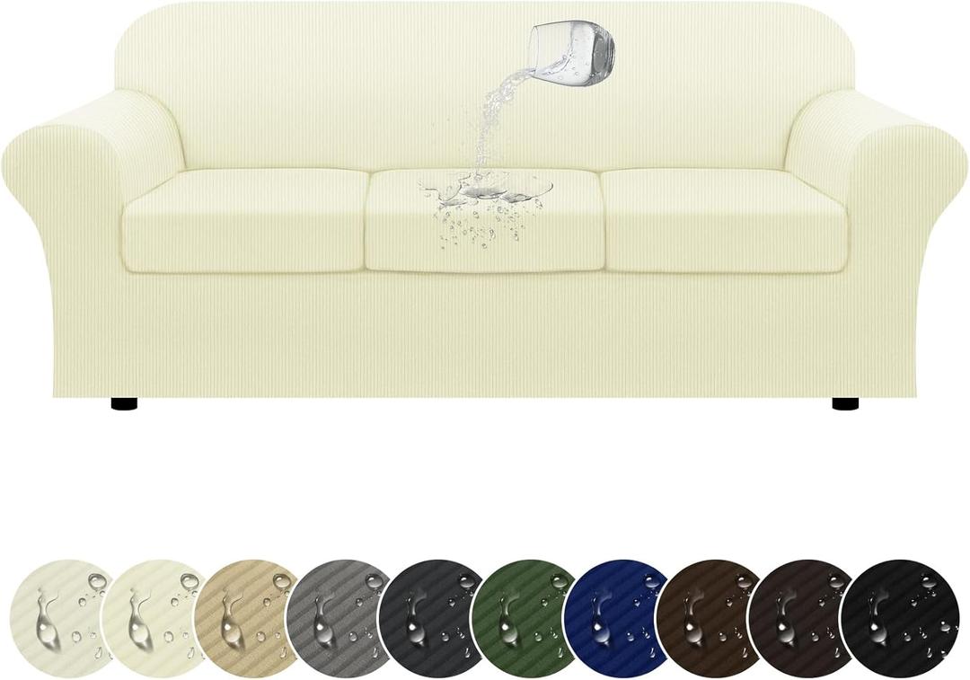 100% WaterproofCouch Cover 4-Piece Set Striped Sofa Slipcovers for 3 Cushion Couch Sofa Covers with TPU Leakproof Bottom Stretch Couch Protector Pet Proof - Sofa(3-Cushion), Beige