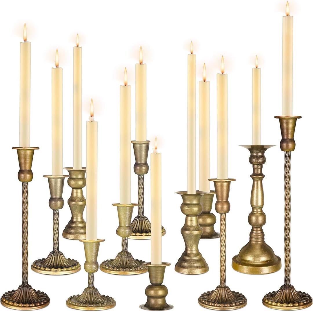 12 Pcs Candlestick Holders Gold Metal Taper Candle Holders Decorative Vintage Modern Table Centerpiece Decorations for Wedding Christmas Anniversary Dinner Party(Brass Gold,Vintage Style)