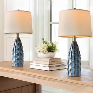 Ceramic Table Lamps Set of 2, 23.75" Modern Farmhouse Bedside Lamp - Blue Nightstand Lamps for Bedroom, Boho Living Room End Tables, Small Office Desk Lamp Decor