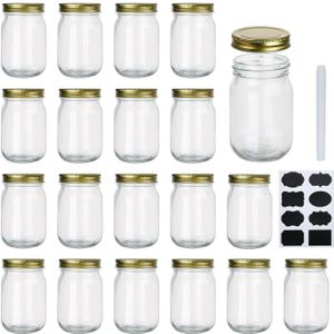Encheng 12 oz Glass Jars With Lids, Regular Mouth Mason Jars For Storage, Canning Jars For Caviar, Herb, Jelly, Jams, Honey, Dishware Safe, Set Of 20 (Gold)