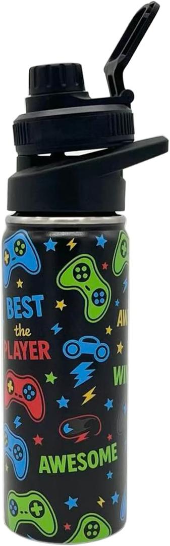 18oz Insulated Water Bottle with Straw Lid & Spout Lid, Game Controller, Gift for Kids Boys Girls Student Sports Travel Fitness Hiking Outdoors, Double Wall, Hands Wash Only