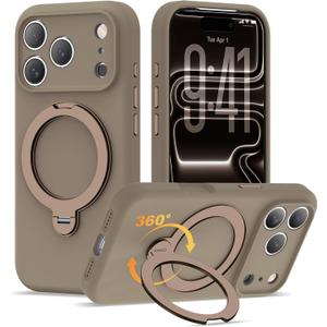 Compatible with iPhone 17 Pro Case 6.3'' with 360 Spin Magnetic Ring Stand[Compatible with Mag-Safe] Soft Liquid Silicone 17 Pro Case for Men Women, Desert Gold