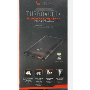Helix TurboVolt+ 10000 mAh Power Bank - USB-A and USB-C Ports - Black