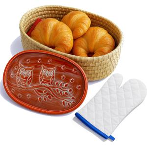 Bread Warmer Basket with Terracotta Stone  Includes Oven Mitts  Keeps Bread Warm  Rustic Gift for Holidays, Housewarming, Dinner Parties  Handwoven Natural Look  Kitchen Table Accessory