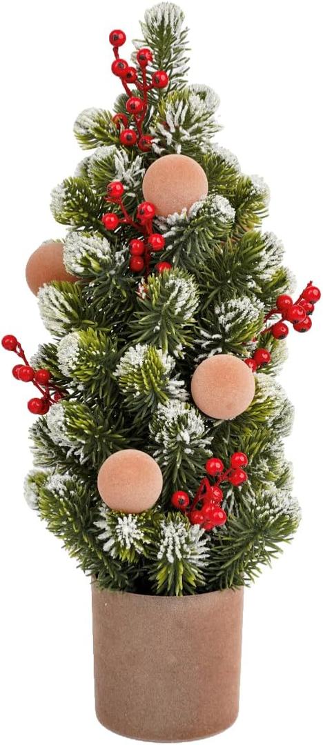 Small Christmas Tree with Red Berries Balls in Brown Pot, 17.7 inch Snow Frosted Artificial Mini Christmas Tree, Flocked Christmas Artificial Pine Tree in Tin Planter Christmas Decor