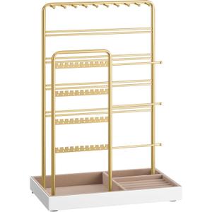 SONGMICS Jewelry Holder, Jewelry Organizer, Jewelry Display Stand with Metal Frame, Velvet Tray, Necklace Earring Bracelet Holder, for Studs, Rings, Gift Idea, Pale Gold UJJS028A01 (5.5"D x 9.4"W x 14.1"H)