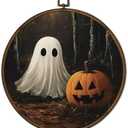 Cvjutf Vintage Ghost Halloween Wall Art Framed, Ghost Bathroom Decor, Gothic Dark Academia Fall Round Wall Decor, Witchy Halloween Pumpkin Canvas Prints Art for Bedroom Bathroom Living Room, 10x10 In