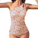 Century Star One Shoulder One Piece Swimsuit Women Tummy Control Modest Bathing Suits Full Coverage Swimming Suits Swimwear (Large, Orange Floral)