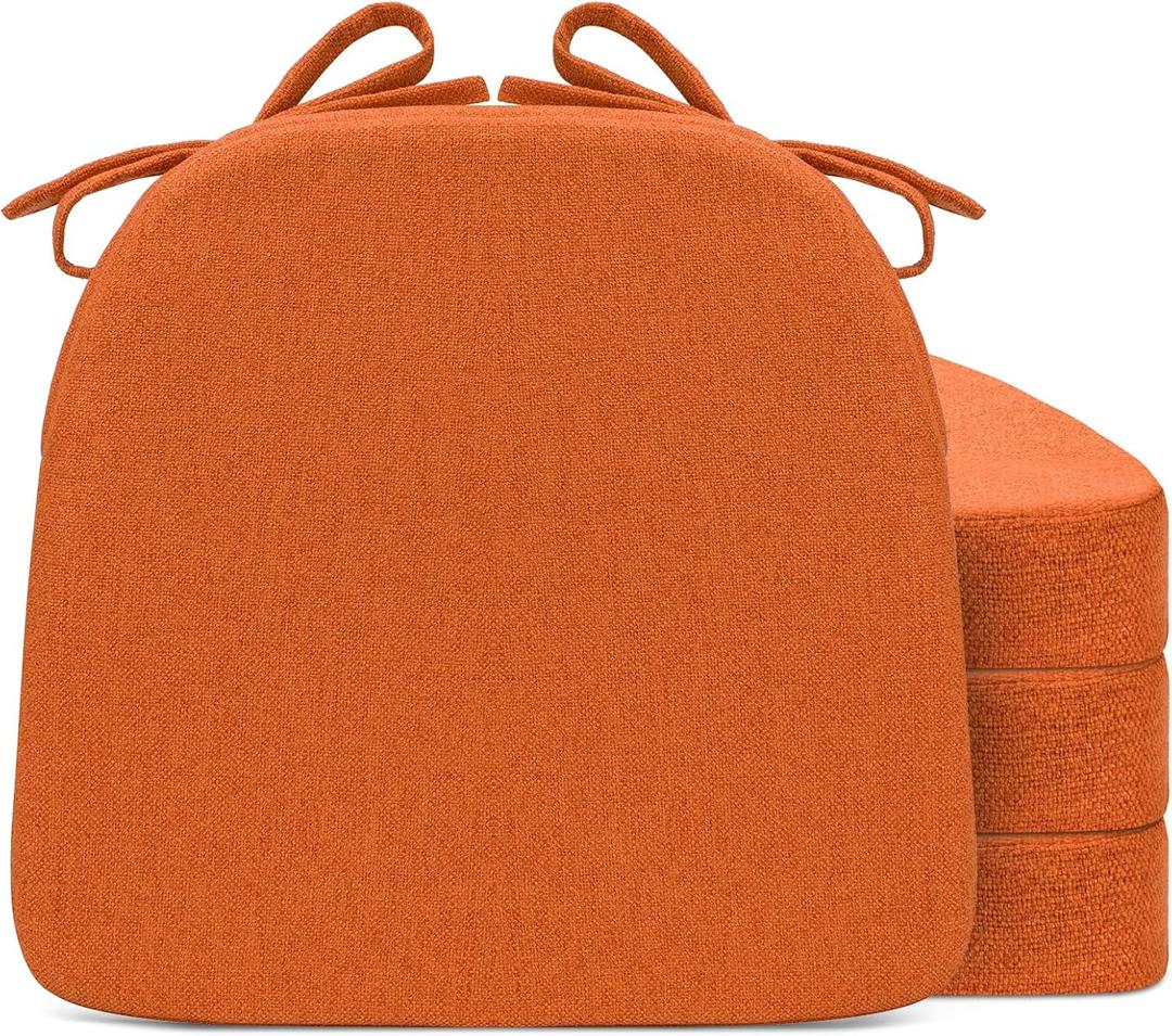 Sunsleek Chair Cushions for Dining Chairs, D-Shaped Seat Cushions with Removable Washable Cover and Ties, Chair Pads for Kitchen, Indoor Dining Room, Patio Chairs, 17'' x 16'', Set of 4, Orange