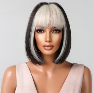BERON Black Platinum Short Wigs Straight Bob Hair Wig for Women Wigs with Bangs Synthetic Daily Use Wigs Wig Cap Include